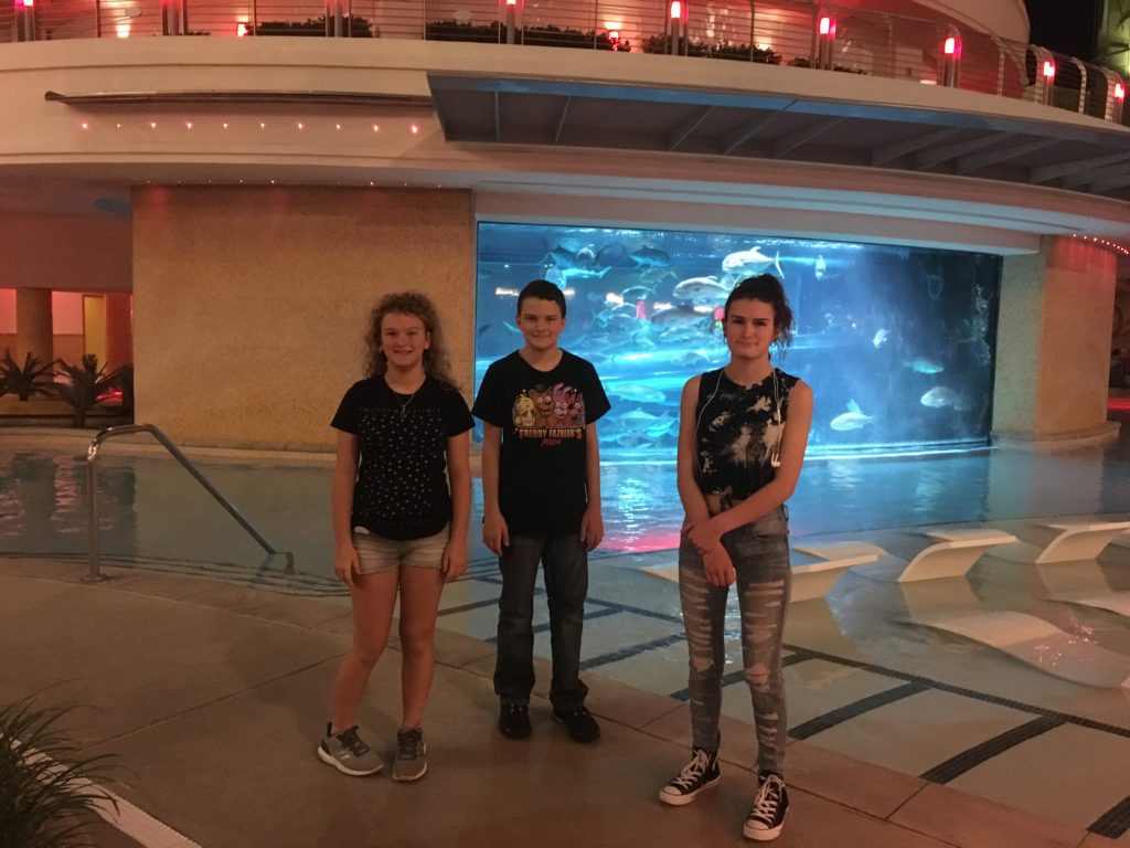 The main reason the kids picked the Golden Nugget - the pool has a water slide from the roof that goes through a shark tank!